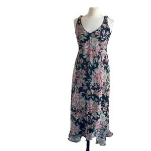 VINTAGE Positive Attitude Midi Dress Womens Sz 12 Black Floral Coquette Romantic